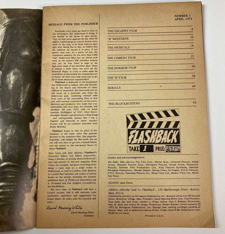 Inside page of VTG Flashback Take 1 April 1972, displaying a message from the publisher and a contents list for the magazine, emphasizing its historical significance.