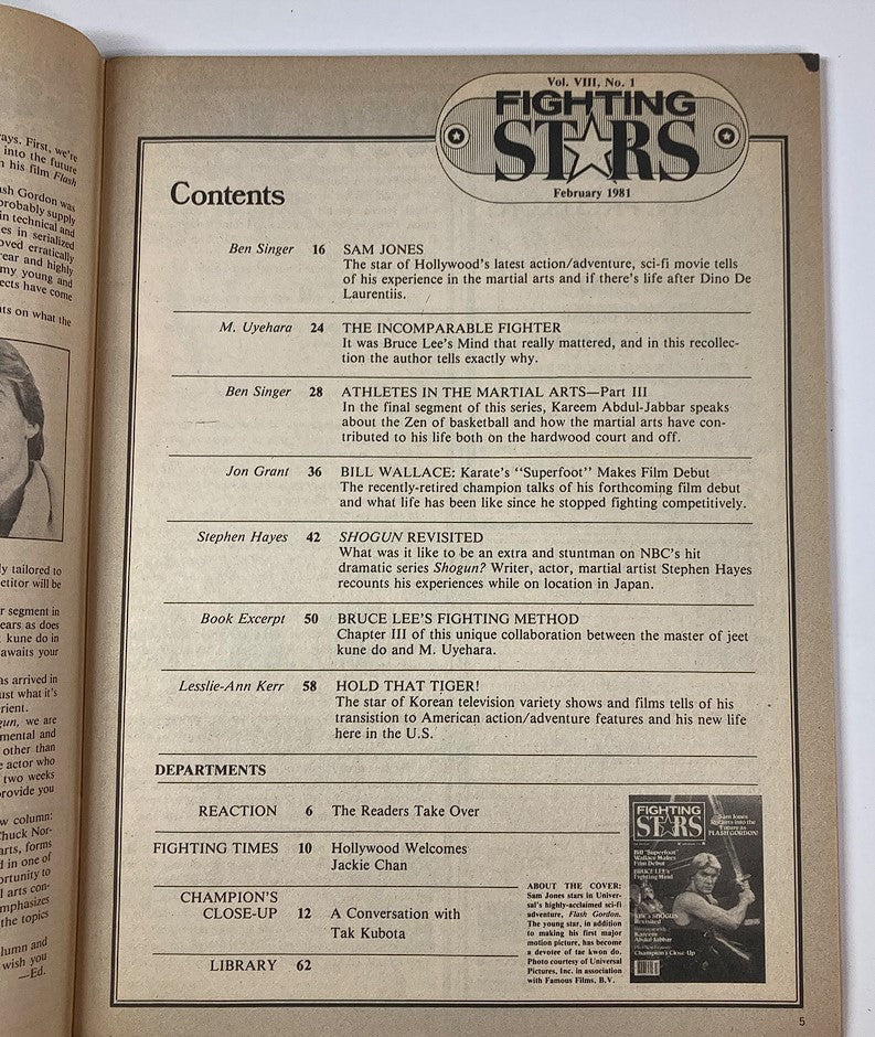 Contents page of Fighting Stars Magazine February 1981 Vol 8 #1. The page lists features including articles on Sam Jones, Bruce Lee, and Bill Wallace, providing insights into martial arts and pop culture of the time.