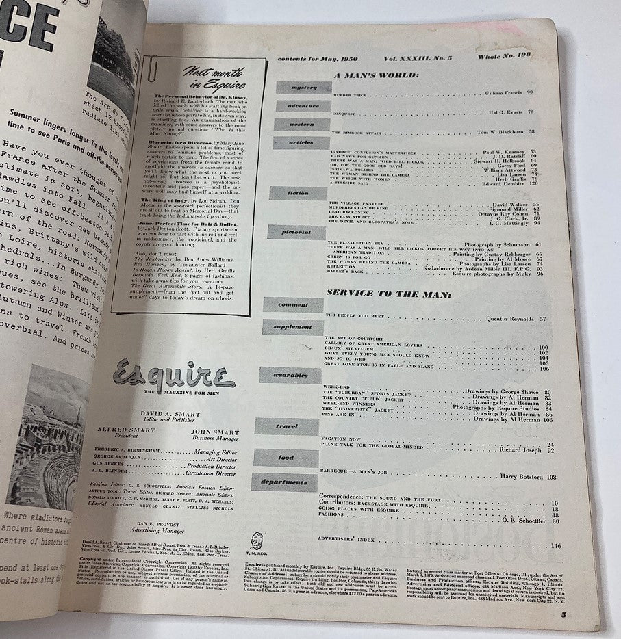 Inside page of VTG Esquire Magazine May 1950 No. 198 showing the table of contents with article titles, including 'A Man's World' and 'The Art of Courtship', reflecting mid-20th century culture.