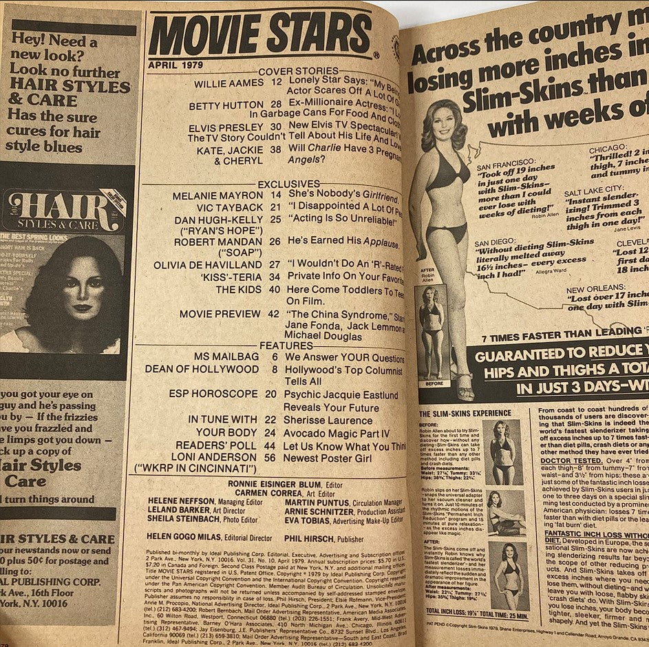 Interior page of VTG Movie Stars Magazine April 1979, showcasing articles and features such as Willie Aames, Betty Hutton, and various Hollywood exclusives.