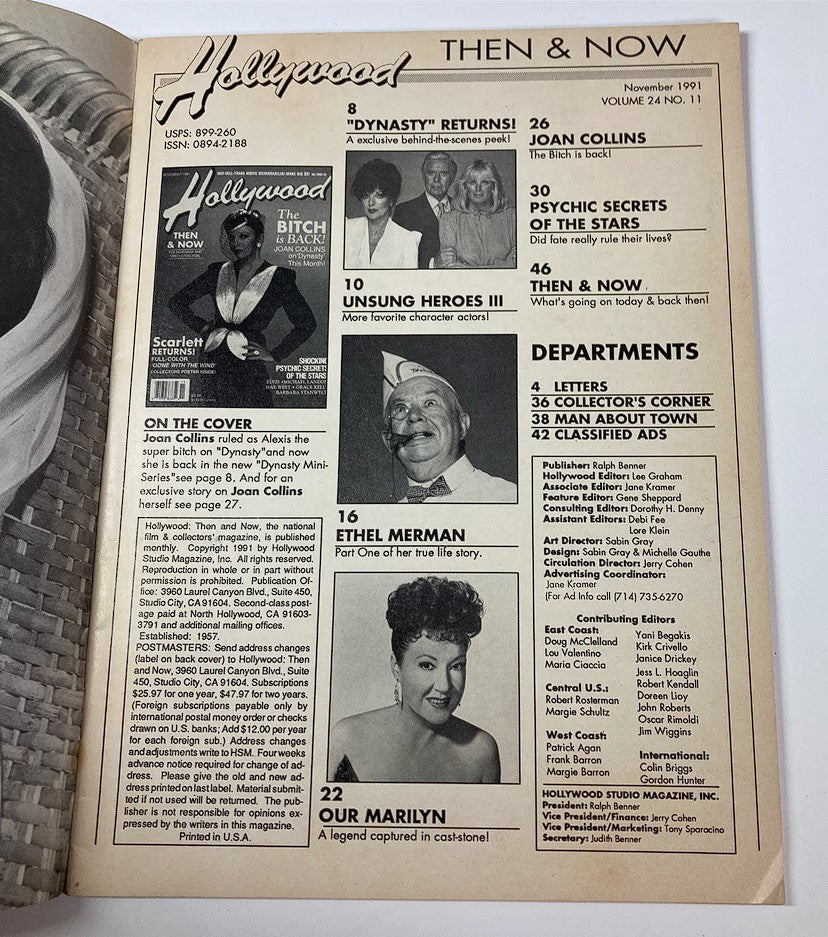 Inside page of Hollywood Studio Magazine Then & Now, November 1991. It features an overview including the cover image with Joan Collins, along with sections on Ethel Merman and other magazine details.