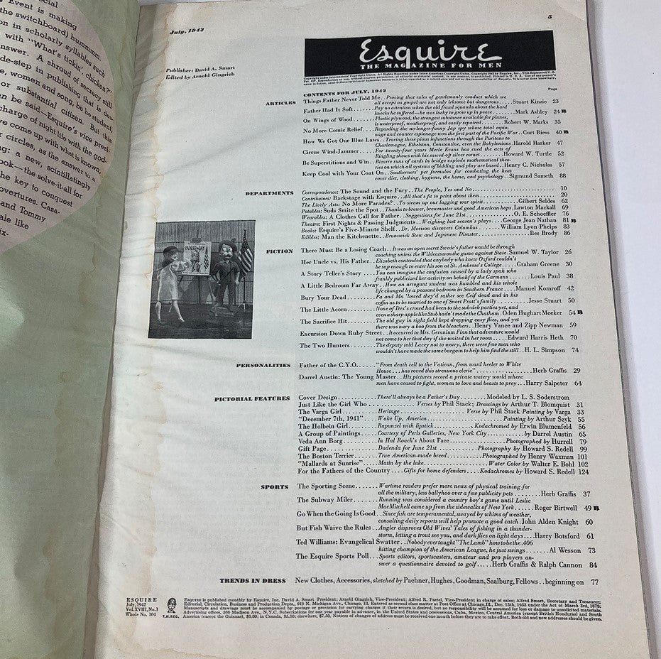 VTG Esquire Magazine July 1942 No. 104 contents page showcasing articles and features from the era, including humor, fiction, and cultural commentary.
