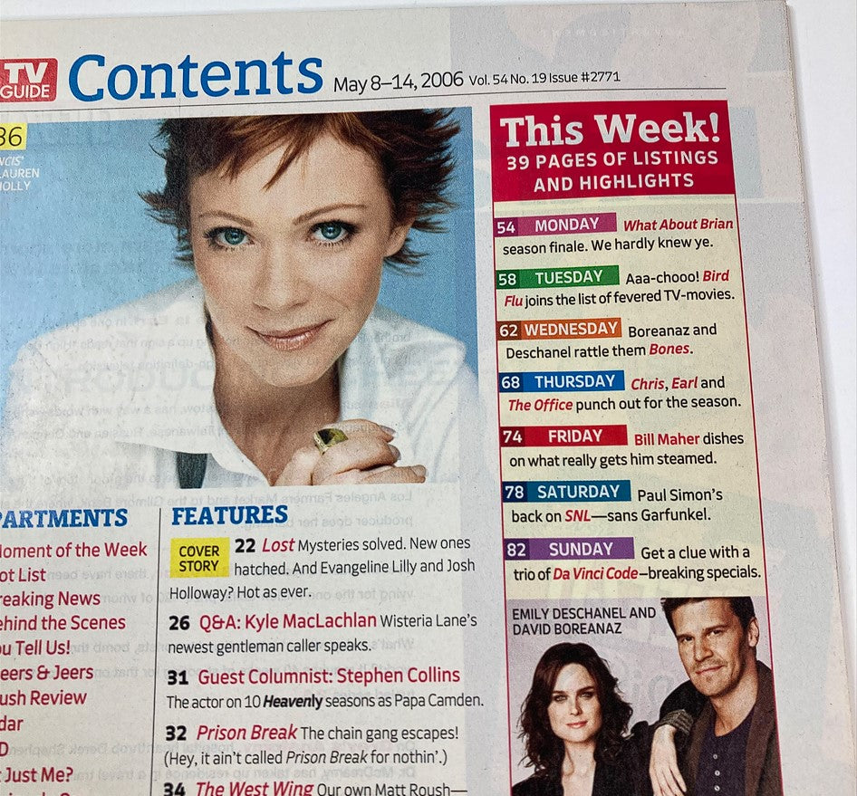 Contents page of TV Guide Magazine dated May 8, 2006, Vol 54 #19 showcasing listings and highlights for the week, including features on Lost.