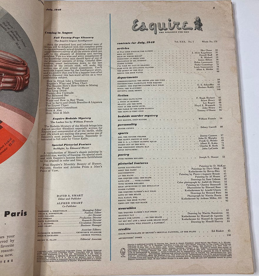 Inside view of VTG Esquire Magazine July 1948 No. 176, featuring the table of contents with articles and features related to mid-20th century culture.