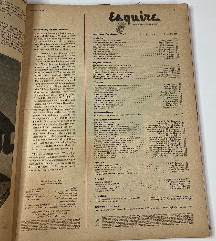 Interior page of VTG Esquire Magazine June 1946 No. 151, showcasing the table of contents featuring articles and illustrations related to men's fashion and culture post-World War II.