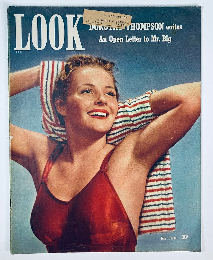 Cover of VTG Look Magazine from July 1, 1941, Volume 5, Issue 13 featuring an image of a smiling woman in a red swimsuit, showcasing Dorothy Thompson's article 'An Open Letter to Mr. Big'.