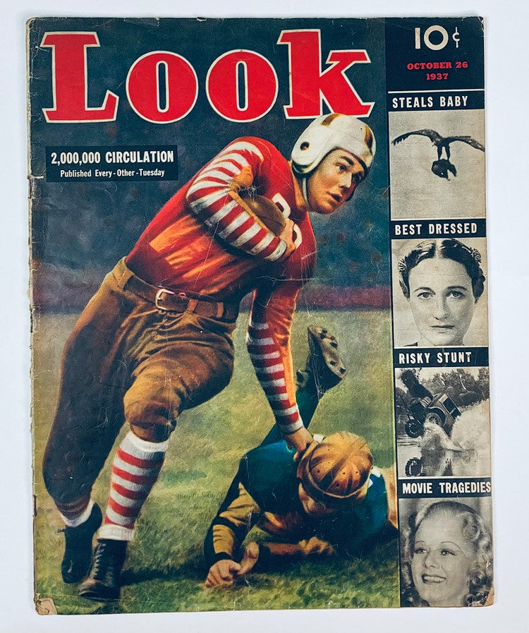 Cover of VTG Look Magazine dated October 26, 1937, featuring a football scene with players, highlights including 'Steals Baby', 'Best Dressed', and 'Risky Stunt'.