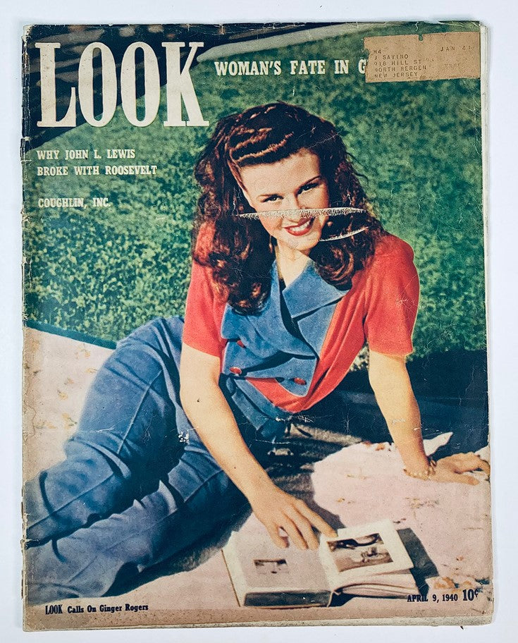 VTG Look Magazine April 9 1940 Vol 4 No. 8 featuring a cover story 'Look Calls on Ginger Rogers,' showcasing a vintage photo of a woman with red and blue attire sitting outdoors.