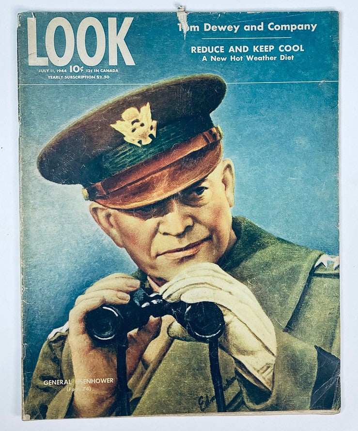 Cover image of VTG Look Magazine July 11 1944 Vol 8 #14 featuring General Dwight D. Eisenhower, showcasing him with binoculars, symbolizing his pivotal role in World War II.