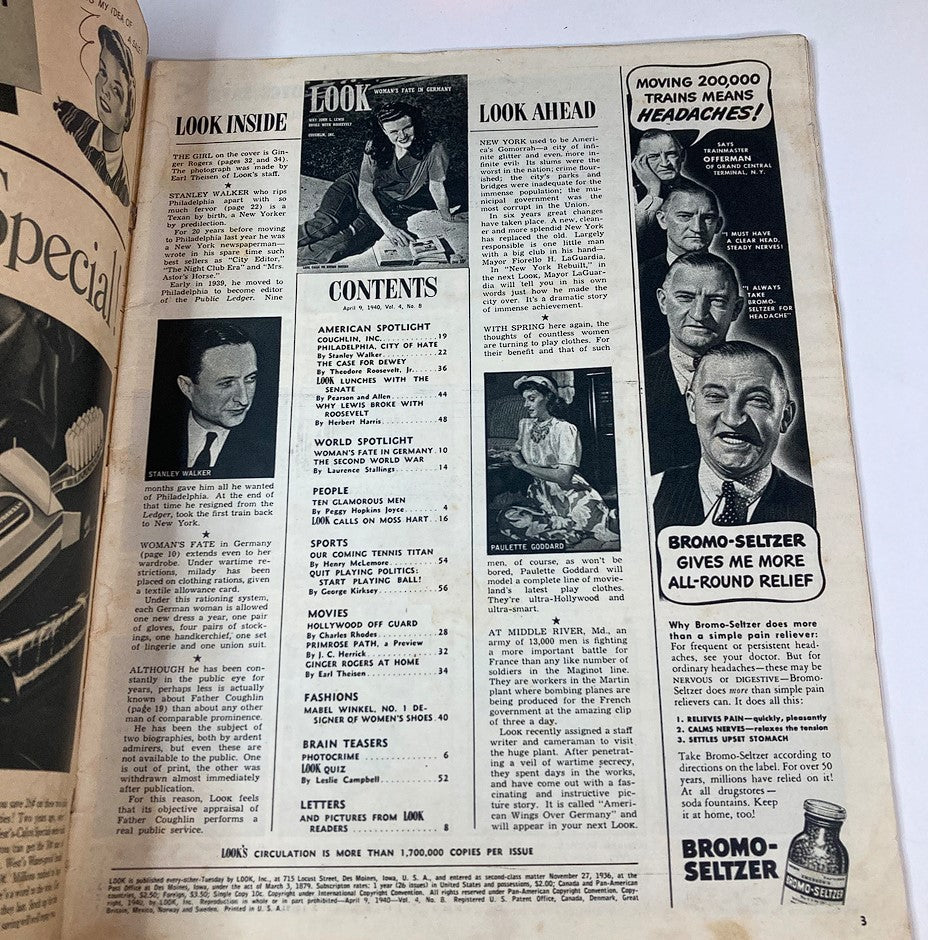 Interior page of VTG Look Magazine April 9 1940 Vol 4 No. 8 displaying the table of contents with various articles and features from the era, including sections on American spotlight and Hollywood.