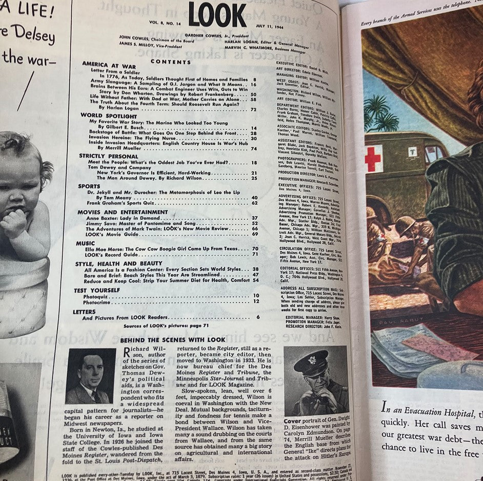 Interior page of VTG Look Magazine July 11 1944 Vol 8 #14 displaying the table of contents, highlighting various articles and topics from the era, enhancing its historical significance.