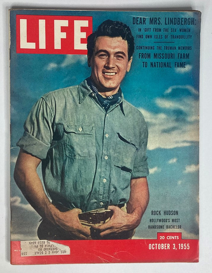 Cover of VTG Life Magazine from October 3, 1955 featuring Rock Hudson with the headline 'Hollywood's Most Handsome Bachelor'.