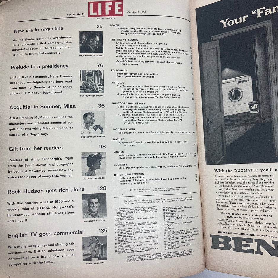 Table of contents page from VTG Life Magazine October 3, 1955, showcasing articles and features including Rock Hudson's profile.
