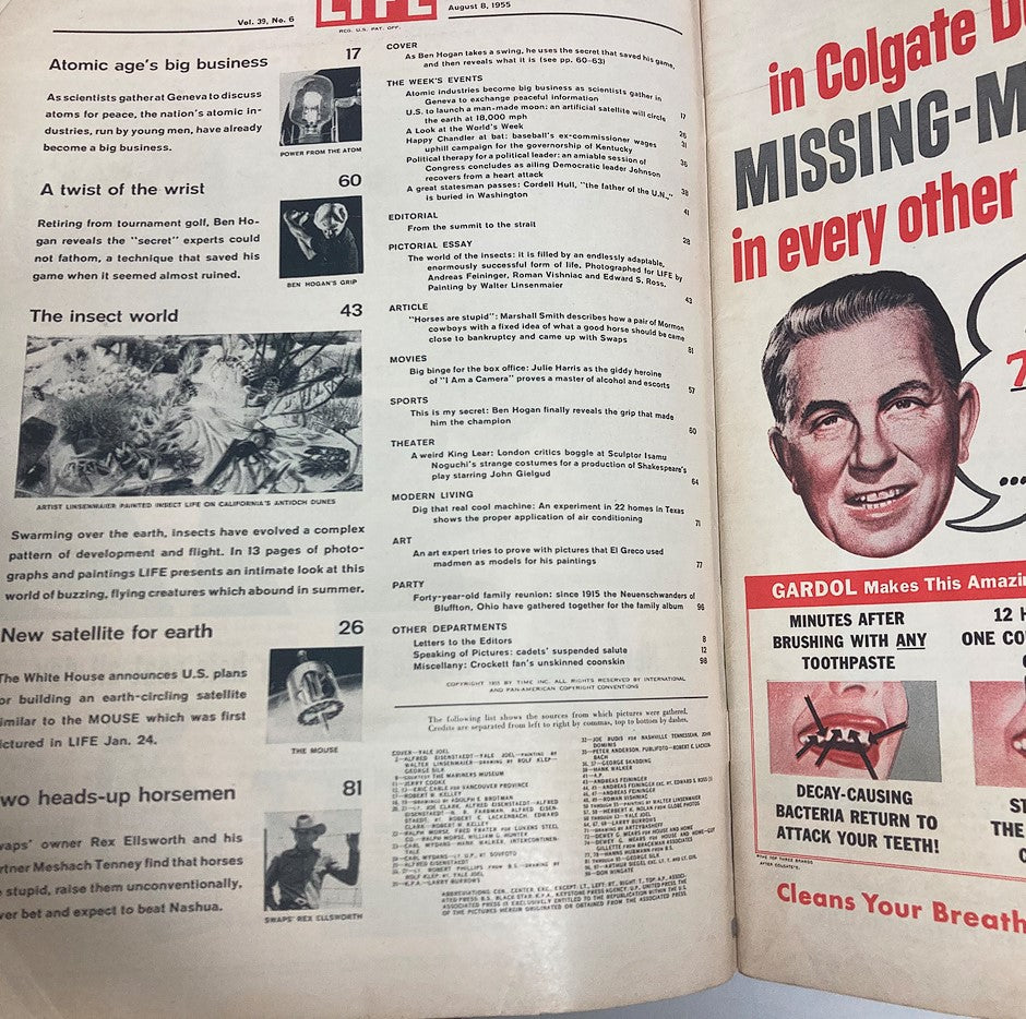 Interior page of VTG Life Magazine August 8 1955 featuring content on Ben Hogan and a new satellite for Earth, displaying article titles and illustrations.