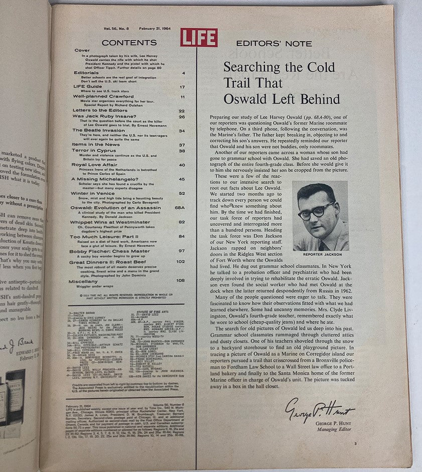 Table of contents from VTG Life Magazine February 21, 1964. Highlights the article 'Searching the Cold Trail That Oswald Left Behind' and various features of the magazine.