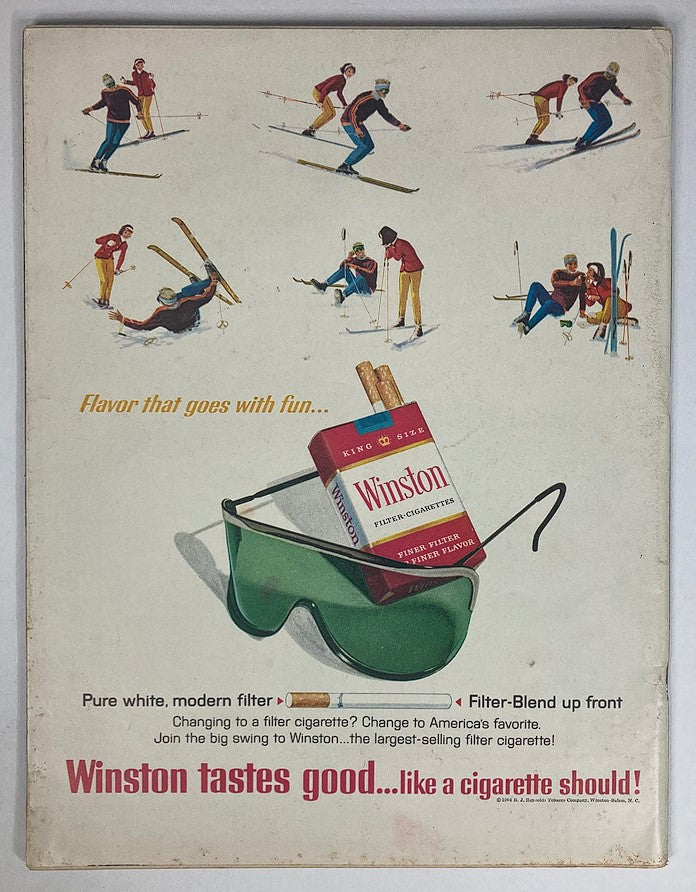 Advertisement from the back cover of VTG Life Magazine February 21, 1964 showcasing Winston cigarettes with ski-themed illustrations.