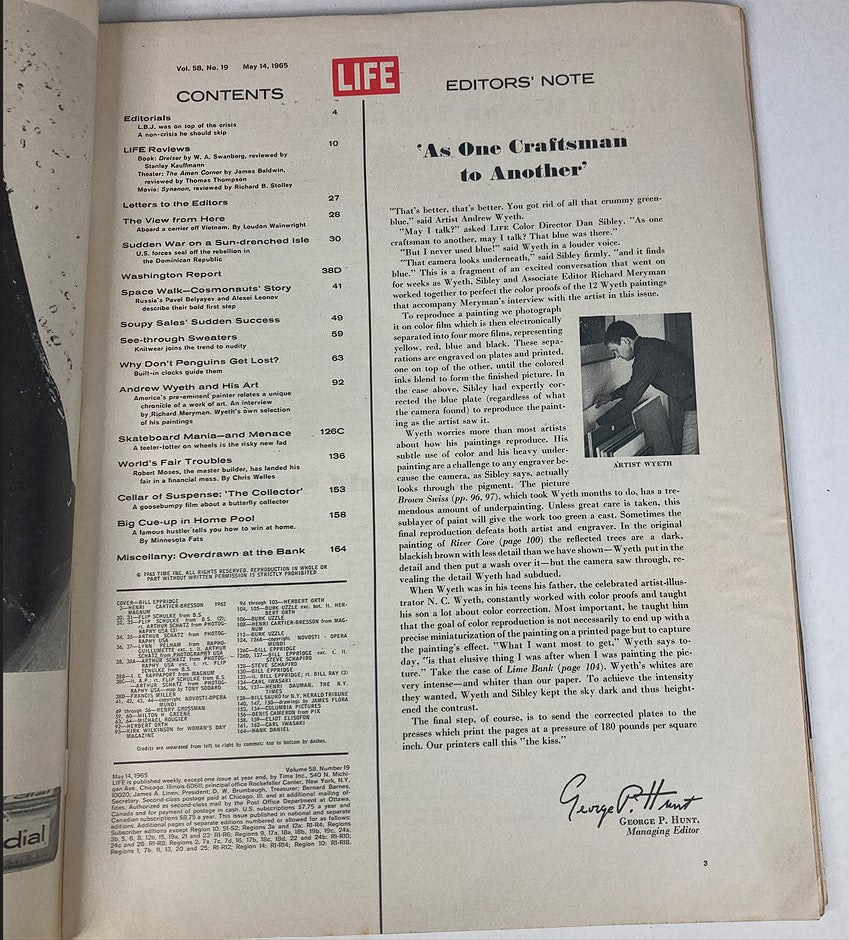 Contents page of VTG Life Magazine May 14, 1965, listing articles including 'Skateboard Mania—and Menace' and editorials.
