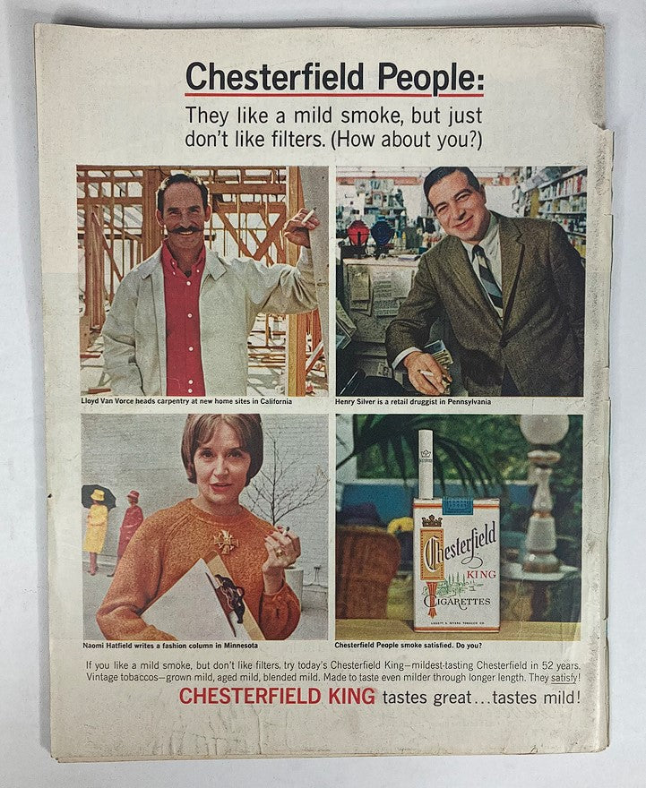 Back cover of VTG Life Magazine May 14, 1965, featuring an advertisement for Chesterfield cigarettes with portraits of various individuals.