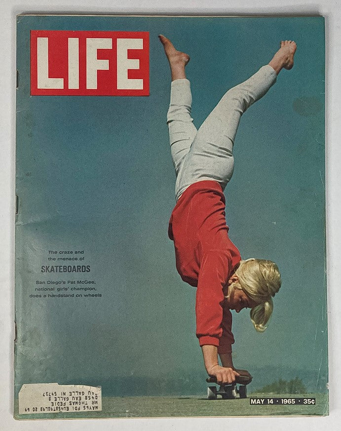 Cover of VTG Life Magazine May 14 1965 Vol 58 #19 featuring skateboard champion Pat McGee performing a handstand on a skateboard, showcasing the vibrant 1960s skate culture.