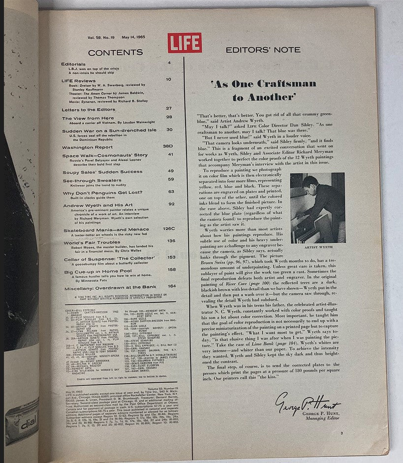 Contents page of VTG Life Magazine May 14 1965 Vol 58 #19 listing articles including skateboard mania, providing insights into the sports and cultural themes of the 1960s.
