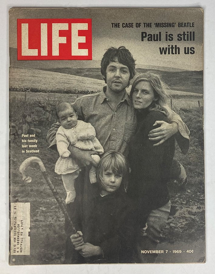 Vintage Life Magazine cover from November 7, 1969, featuring the title 'The Case of the Missing Beatle: Paul is still with us' with a photograph of Paul McCartney and his family in Scotland.