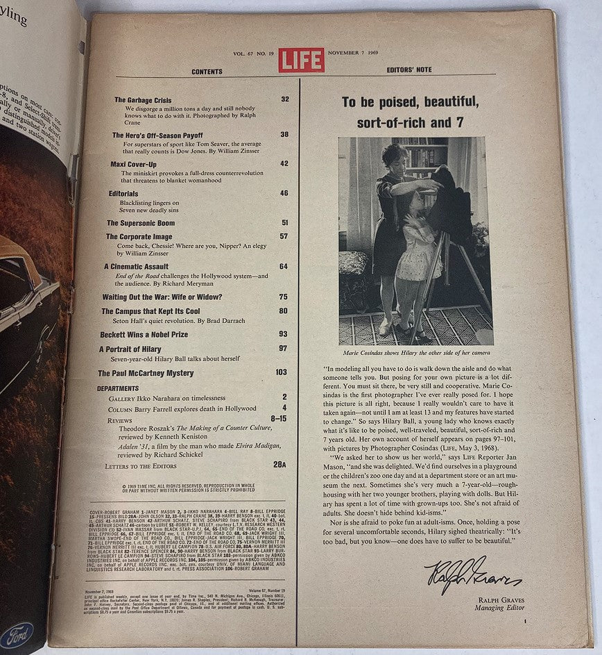 Inside content page of VTG Life Magazine from November 7, 1969, Vol 67 #19, highlighting various articles including one on Paul McCartney.