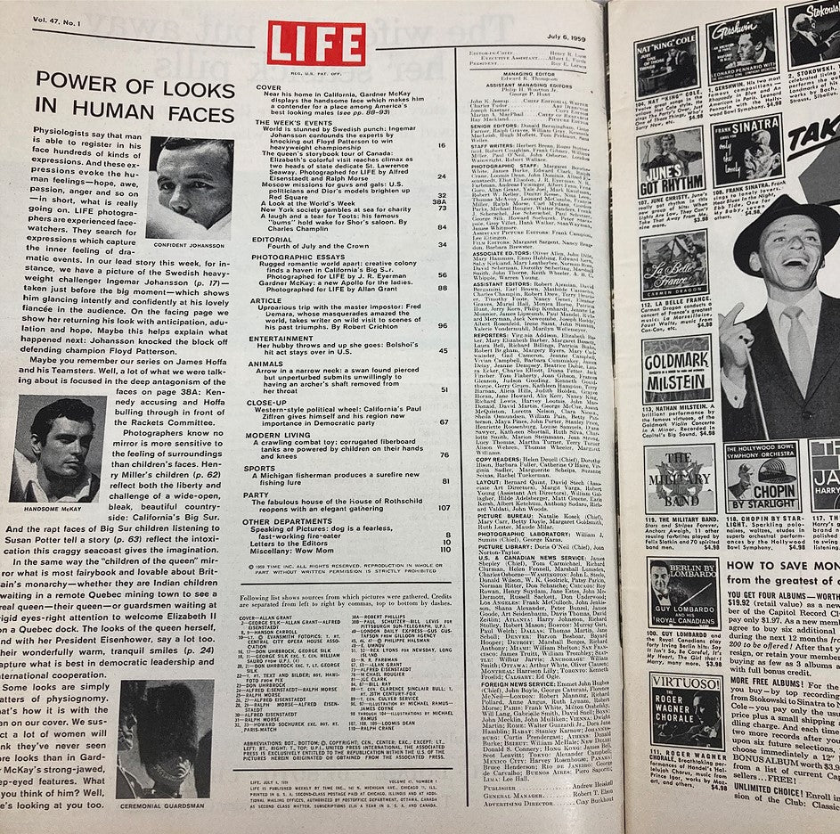 Inside page of VTG Life Magazine July 6 1959, Vol 47 No 1, showcasing the table of contents and articles including a feature on Gardner McKay.