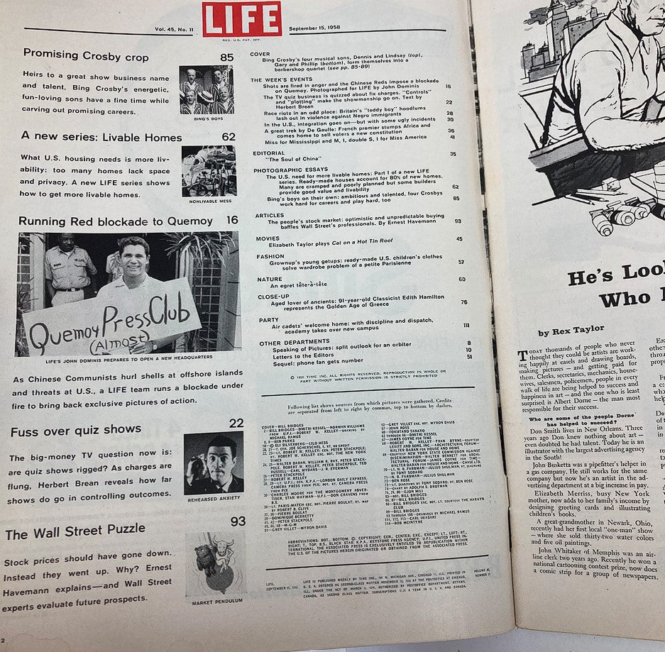 Inside pages of VTG Life Magazine September 15 1958, Vol 45 #11, showcasing features like the Promising Crosby Sons and cultural insights of the late 1950s.