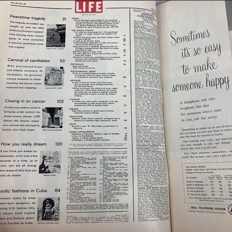 VTG Life Magazine May 5 1958, Volume 44, Issue #18, featuring articles on cancer treatment and medical history.