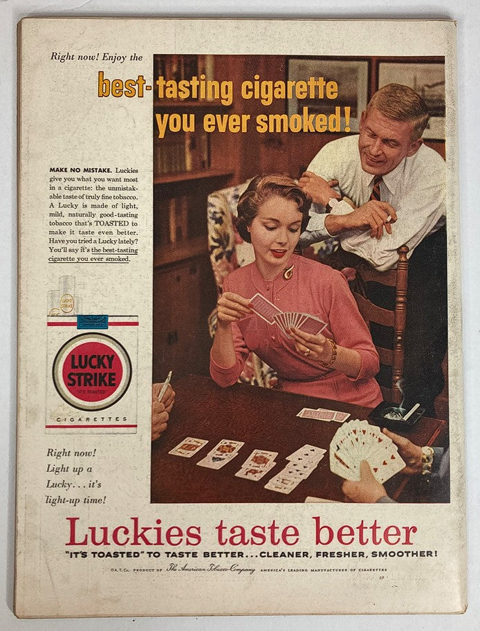 Back cover of VTG Life Magazine March 11, 1957, promoting Lucky Strike cigarettes with an image of a woman playing cards.