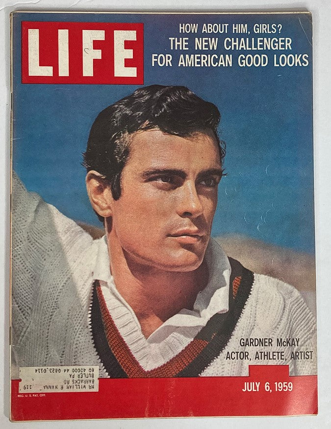 Vintage Life Magazine cover from July 6, 1959, featuring Gardner McKay, showcasing American good looks. This collectible issue highlights the cultural context of the 1950s.