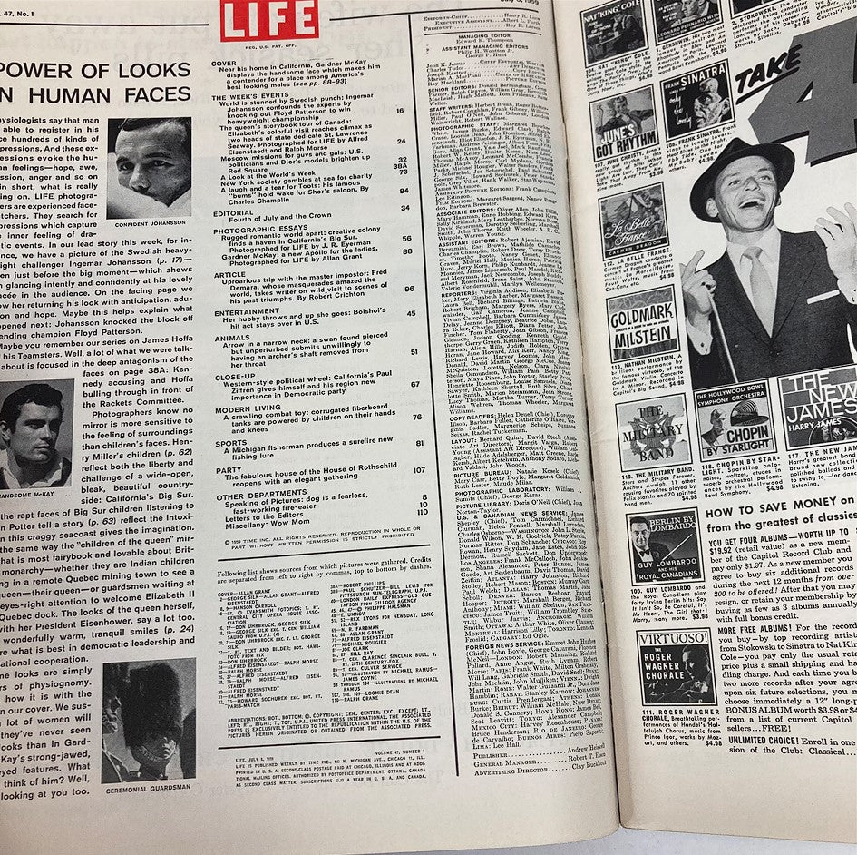 Vintage Life Magazine July 6, 1959, Vol 47 #1 featuring an interior layout including articles, advertisements, and a sidebar with content highlights. The image showcases the allure of 1950s American culture and design.