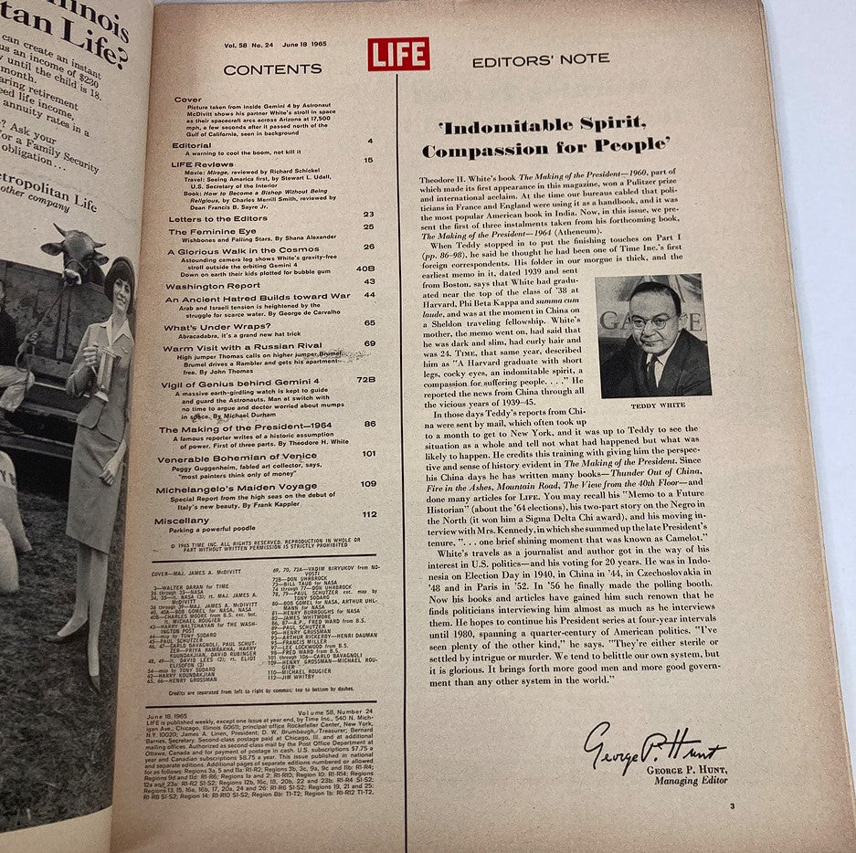Contents page of VTG Life Magazine June 18 1965 Vol 58 #24 featuring editorials and articles including the historic spacewalk by astronaut Jim McDivitt.