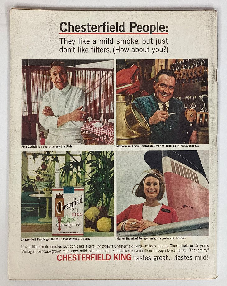 Back cover of VTG Life Magazine June 18 1965 Vol 58 #24 showcasing an advertisement for Chesterfield King cigarettes, featuring four individuals with a focus on flavor and taste.