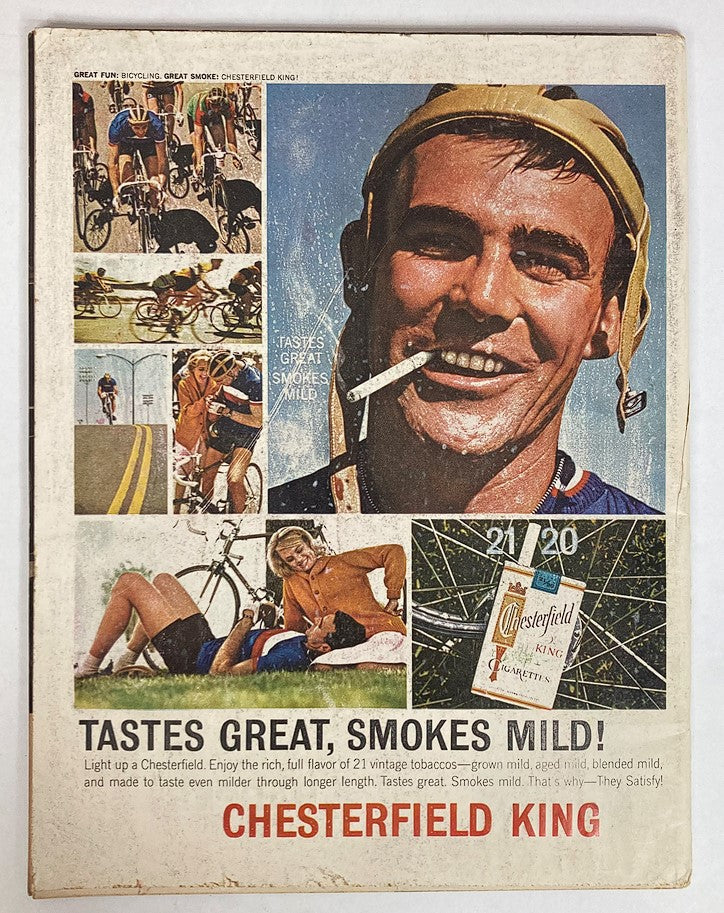 Vintage Chesterfield King advertisement featuring cyclists and a smiling man with a cigarette. The ad promotes the cigarettes with the tagline 'Tastes Great, Smokes Mild!' and showcases a collage of biking images.