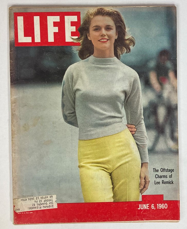 VTG Life Magazine June 6 1960 cover featuring Lee Remich, showcasing classic 1960s fashion with a model in a gray sweater and yellow pants.