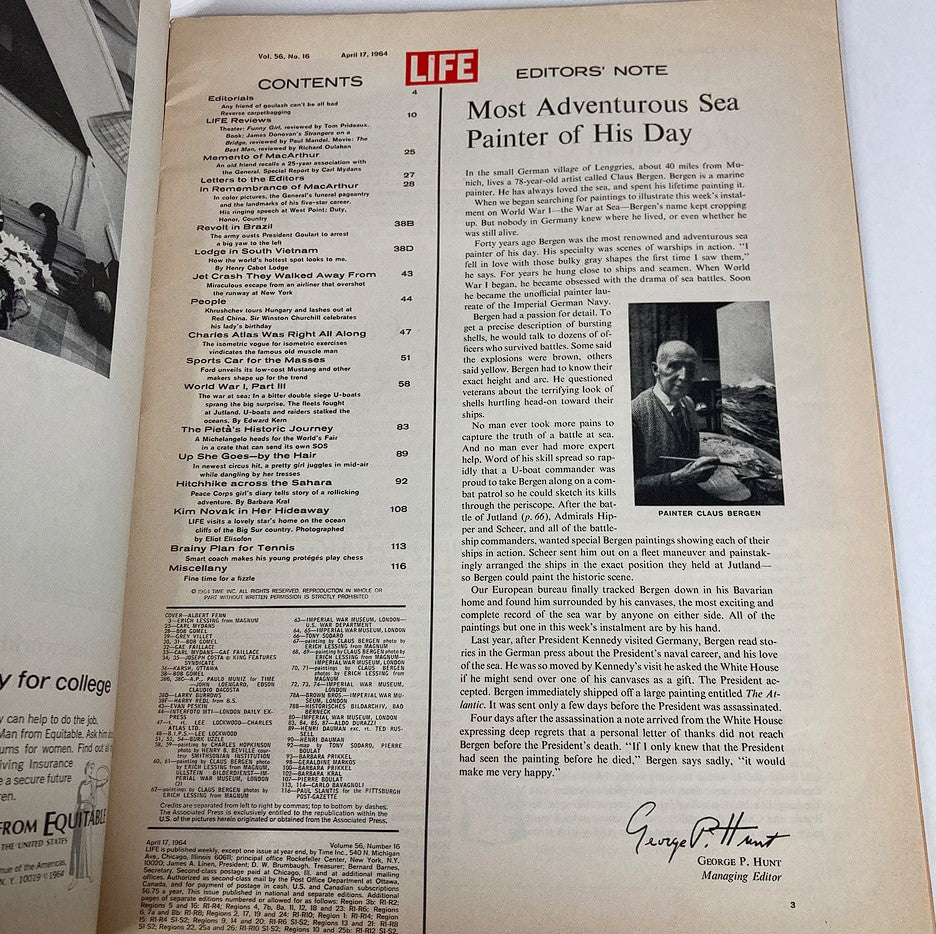 Page from VTG Life Magazine April 17 1964, Volume 56 #16, featuring the contents and editor's note including a section on painter Claus Bergen.