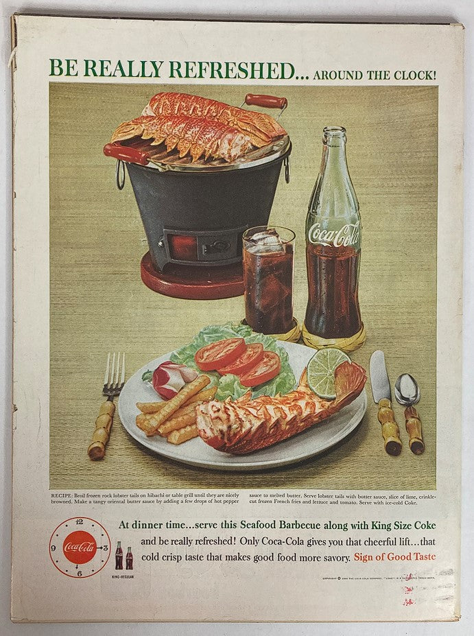 Vintage advertisement featuring a seafood barbecue meal with Coca-Cola. Part of VTG Life Magazine March 21 1960 Vol 48 #11, highlighting the quality of seafood dining and refreshing soda.