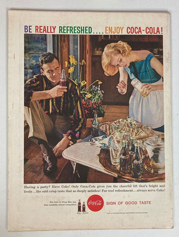 Vintage advertisement from VTG Life Magazine February 23, 1959 featuring a cheerful gathering with a man enjoying Coca-Cola and a woman serving drinks amidst a festive setting.