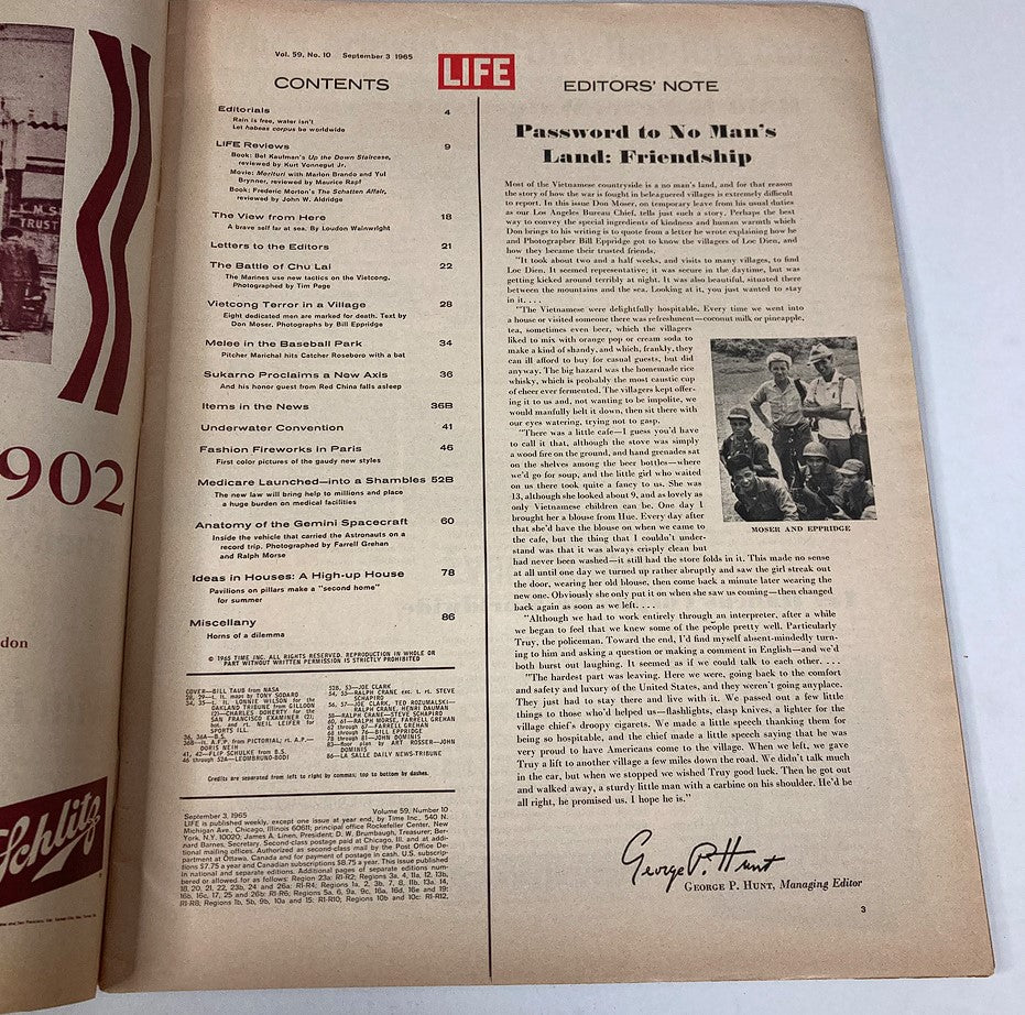 Contents page of VTG Life Magazine September 3 1965, detailing articles related to the Gemini space program and significant events of the 1960s.