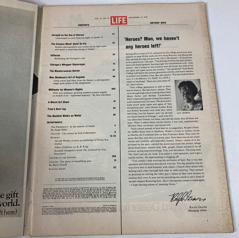 Inside contents page of VTG Life Magazine December 12 1969, Vol 67 #24, highlighting various articles and topics.