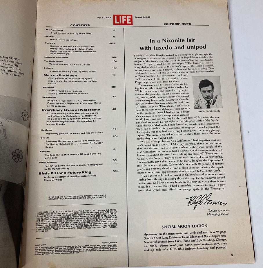 Contents page of VTG Life Magazine August 8 1969, highlighting articles related to the Apollo 11 Moon landing and other contemporary topics.