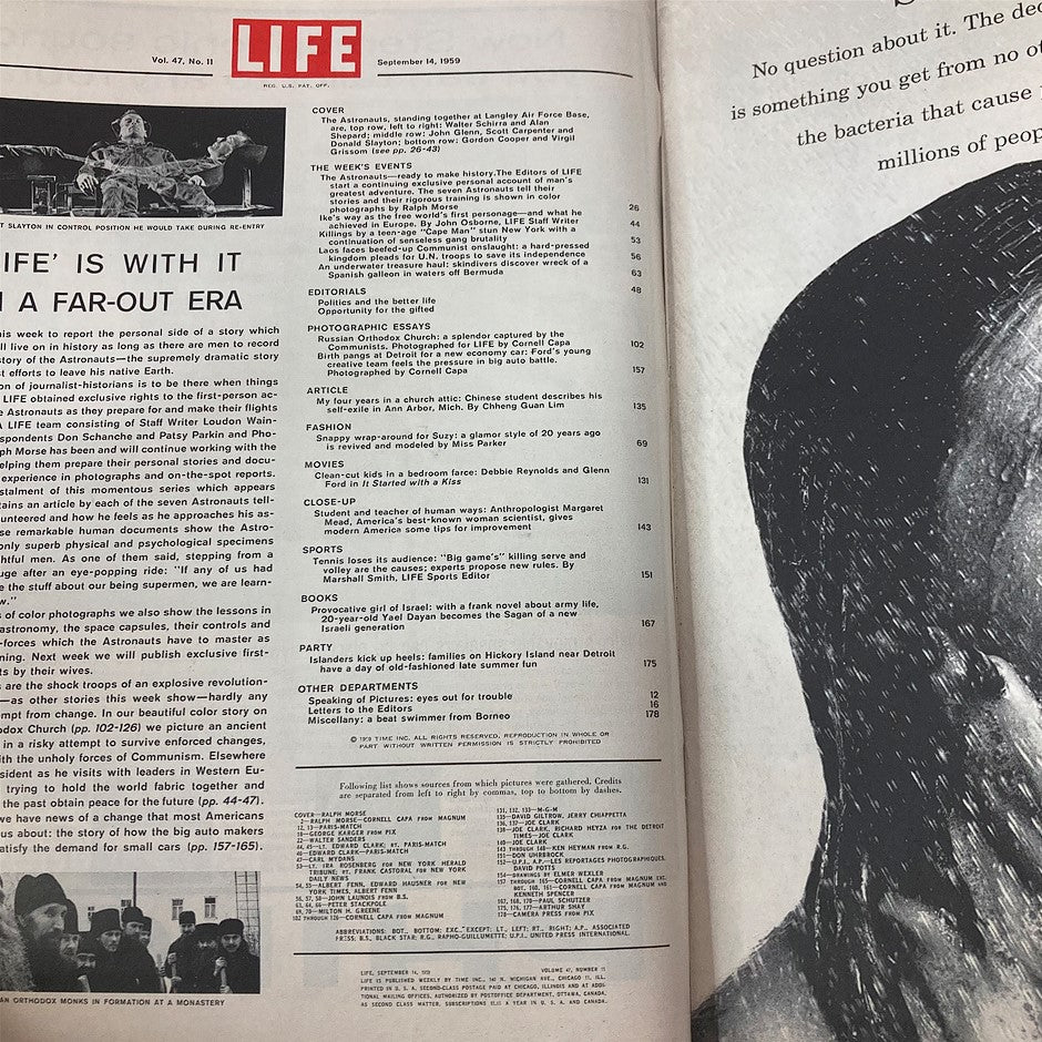 Inside page of VTG Life Magazine September 14 1959, displaying the contents and articles focusing on astronauts and space exploration.