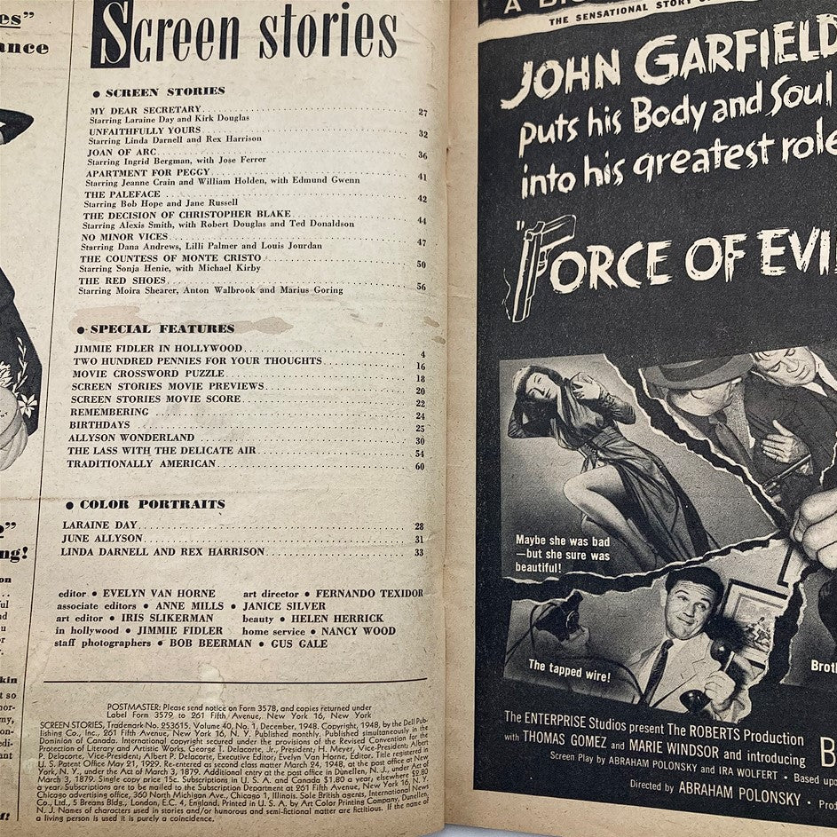 Interior page of VTG Screen Stories Magazine, December 1948, showcasing contents including articles and features related to movies, celebrities, and film industry news.