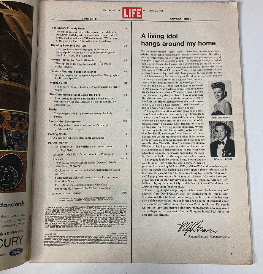 Contents page of VTG Life Magazine October 29, 1971, Vol 71 #18 featuring articles including David Cassidy and various features from the '70s.