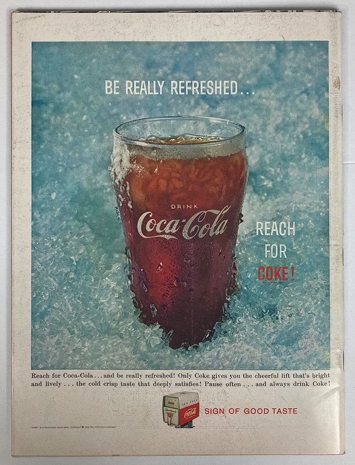 Coca-Cola advertisement from VTG Life Magazine June 15 1959 Vol 48 #24, showcasing a glass of Coke surrounded by ice, promoting refreshment.