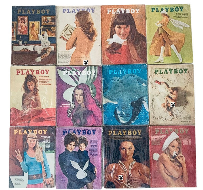 VTG Playboy Magazine Lot of 12 showcasing full year 1970 issues with original centerfolds, featuring iconic cover art and vintage aesthetics.
