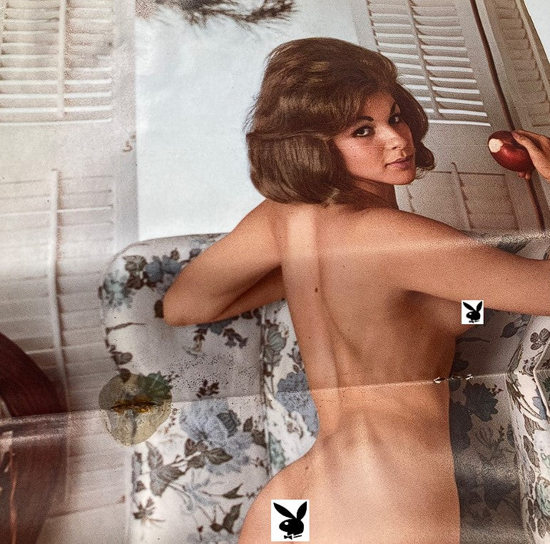 Interior page of Playboy Magazine August 1963 showcasing Phyllis Sherwood's centerfold pose, emphasizing the magazine's classic 1960s aesthetic.