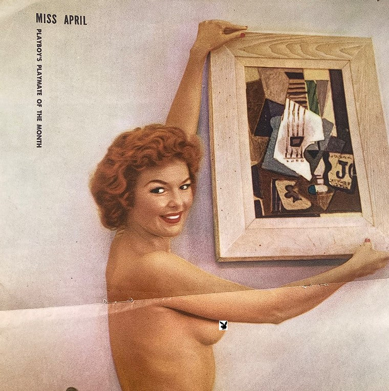 VTG Playboy Magazine April 1957 centerfold showcasing Gloria Windsor, the Playmate of the Month, in a captivating pose with a framed artwork.