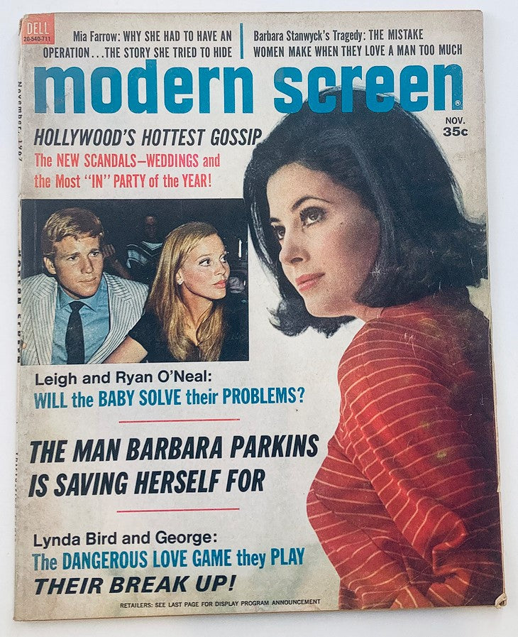 Cover of VTG Modern Screen Magazine November 1967 featuring Barbara Parkins, with bold headlines about Hollywood gossip and star profiles. Perfect for vintage magazine collection.